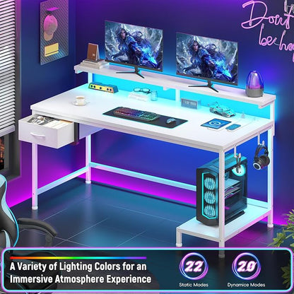 DurayLoly 39.3Inch Computer Desk with Power Outlet & Drawer,Gaming Desk with CPU Stand& LED Lights,Corner Office Desk with Ergonomic Monitor Stand for Home Work, Study and Gaming, Small Spaces,White