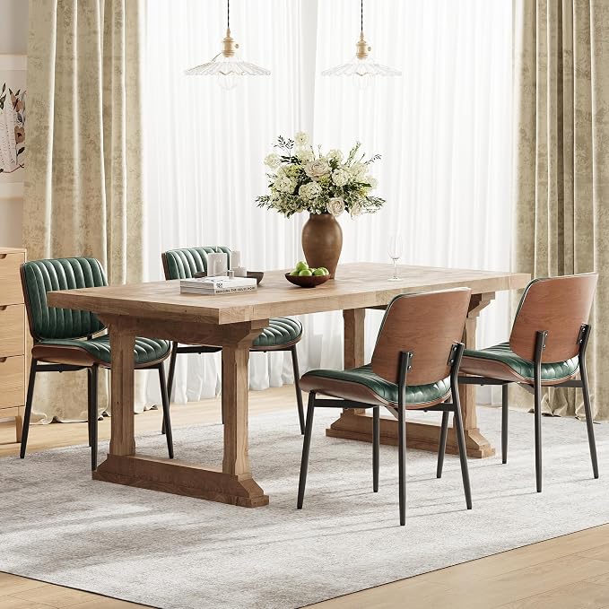 MALOL Leather Dining Chairs Set of 4, Modern Upholstered Dining Room Kitchen Chairs with Metal Legs and Wooden Back Support for Home Dining Room/Restaurant, Green