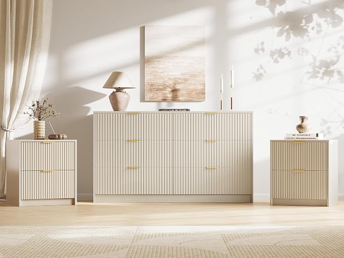 MAISONARIA 3-Piece Dresser Bedroom Set, 6 Drawer Dresser & 2 Drawer Nightstands with Gold Handles, Fluted Wood Chest of Drawers for Bedroom, Living Room, Entryway, Beige