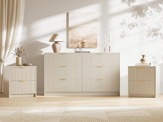 MAISONARIA 3-Piece Dresser Bedroom Set, 6 Drawer Dresser & 2 Drawer Nightstands with Gold Handles, Fluted Wood Chest of Drawers for Bedroom, Living Room, Entryway, Beige
