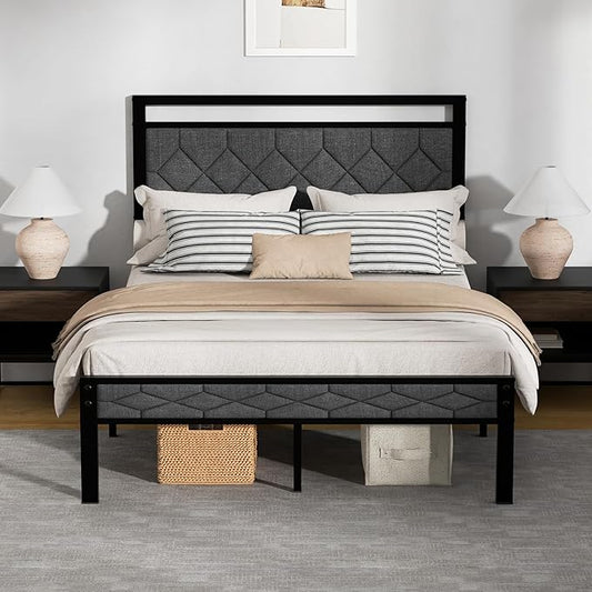 Z-hom Easy Assembly Upholstered Platform Bed Frame with Soft Padded Headboard, Modern Linen Fabric Mattress Foundation, No Box Spring Needed, Noise-Free & Sturdy Metal Support, Full Size (Grey)