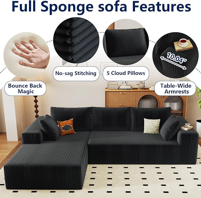96" Modular Sectional Sofa, Modern Corduroy Cloud Couch with Deep Seat, Boneless Couch Upholstered 3-Seater L-Shaped Sofa for Living Room, No Assembly Required (Black, Left-Facing Chaise)