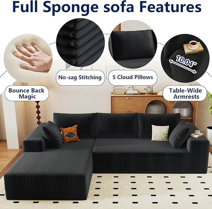 96" Modular Sectional Sofa, Modern Corduroy Cloud Couch with Deep Seat, Boneless Couch Upholstered 3-Seater L-Shaped Sofa for Living Room, No Assembly Required (Black, Left-Facing Chaise)