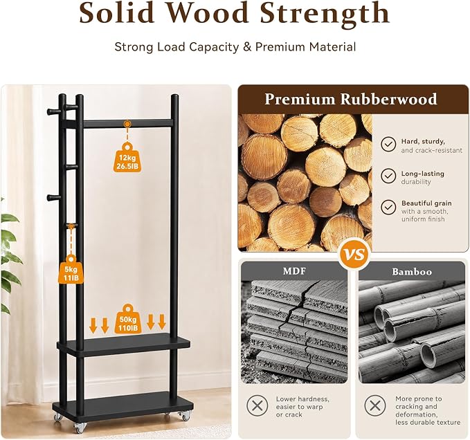 Taitiy Solid Wood Coat Rack Freestanding, Coat Rack Stand with 2 Shelves & 4 Hooks, Coat Tree for Entryway, Hallway, Bedroom, Living Room, Office - Clothing Rack for Coats, Hats, Bags (Black-S-Wheel)