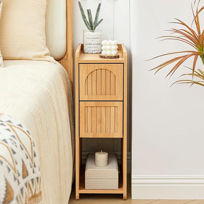 Narrow Nightstand Set of 2, Wooden Small 2 Drawer Nightstand, Slim Side End Table, Skinny Bedside Table, Mid Century Modern Night Stand with Drawers for Bedroom (Yellowish Natural)
