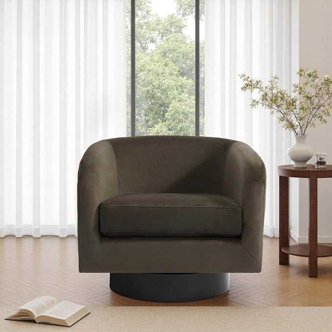 Swivel Barrel Accent Chair, Velvet Upholstered Armchair Modern Round Club Arm Chair for Living Room, Comfy Single Sofa Seating Bedroom Side Reading Seat for Home Office - Coffee