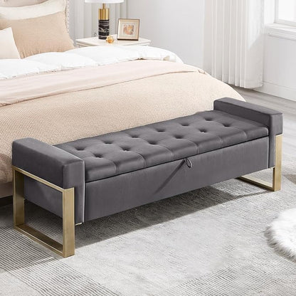End of Bed Storage Bench, 67'' Benches for Bedroom Foot of Bed King Size, Upholstered Velvet Tufted Storage Ottoman Bench with Gold Legs for Window Living Room Entryway, Grey