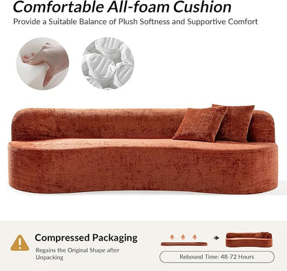95" Modern Curved Compressed Sofa, All-Foam 3-Seater Cloud Couch with 2 Pillows, No Assembly Required Boneless Sofas for Living Room, Orange