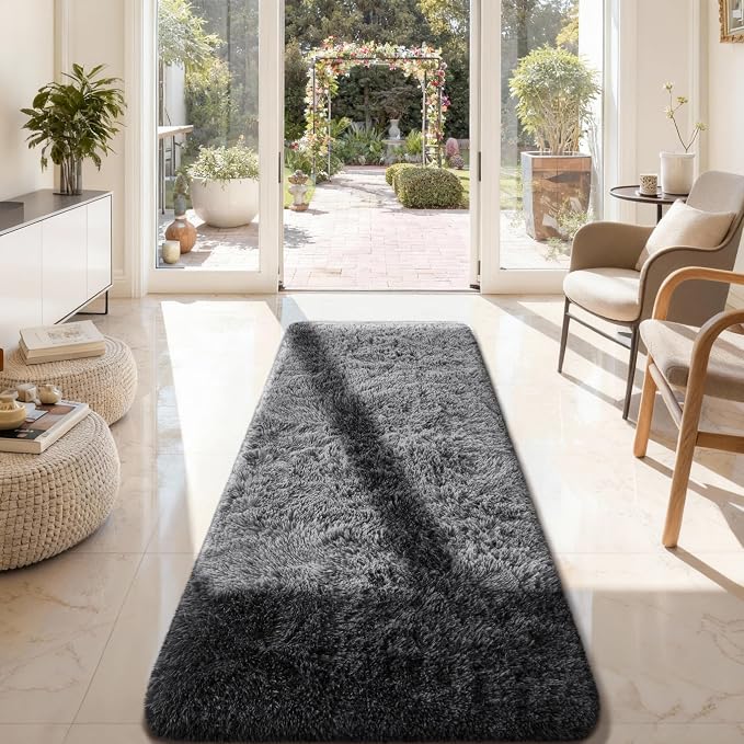 Ophanie Runner Rug for Hallway,2x7 Washable Non-Slip Fluffy Soft Bedside Rugs,Bedroom Living Room Shaggy Carpet for Kids Girls Boys Dorm Nursery Home Decor Aesthetic Grey with Over 99 pcs Pile fibers
