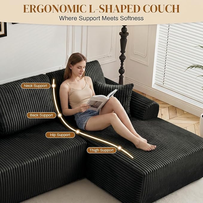 110" L Shaped Boneless Sectional Couches for Living Room, Comfy Corduroy Floor Cloud Sofa with Chaise, Wide Armrest, Deep Seat, Memory Foam, Assembly Free, Ideal for Small Spaces, Black