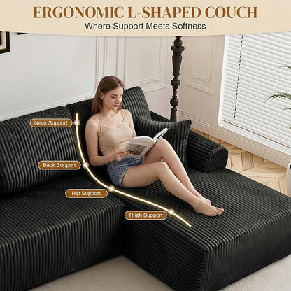 110" L Shaped Boneless Sectional Couches for Living Room, Comfy Corduroy Floor Cloud Sofa with Chaise, Wide Armrest, Deep Seat, Memory Foam, Assembly Free, Ideal for Small Spaces, Black