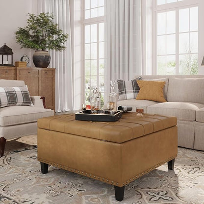 FiveWillowise Square Leather Ottoman with Storage, Faux Leather Coffee Table with Lift Top,Large Upholstered Footrest Stool Toy Box Storage Bench for Bedroom Living Room, Camel