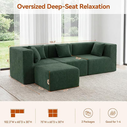 MONVANE 103'' Modular Sectional Sofa, Comfy Teddy Velvet Cloud Couch with Ottoman, Modern Convertible L Shaped Couch with Deep Seat, Sectional Couches for Living Room, Bedroom and Apartment, Green