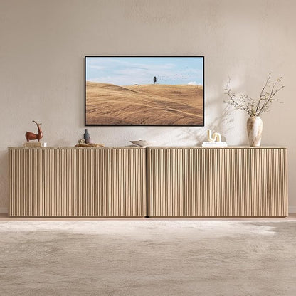 Fluted 4 Doors Sideboard Cabinet with Storage, 64" Credenza with Shelves, Faux Marble-Top Coffee Bar Console Table, Modern Buffet Cabinet for Dining, Kitchen, Living Room, Entryway, Natural Oak, 2pcs