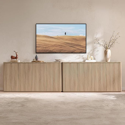 Fluted 4 Doors Sideboard Cabinet with Storage, 64" Credenza with Shelves, Faux Marble-Top Coffee Bar Console Table, Modern Buffet Cabinet for Dining, Kitchen, Living Room, Entryway, Natural Oak, 2pcs