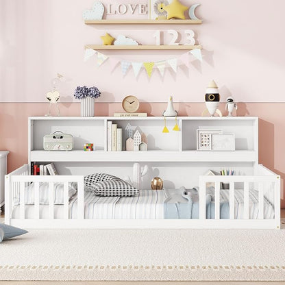 Bellemave Kids Montessori Floor Bed Twin Size, Floor Bed Frame with Bookcase and Shelves for Kids Boys Girls,Twin,White