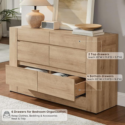 OKD 6 Drawer Dresser for Bedroom, 54" Wide Chest of Drawers with Thick Wood Design, Handleless, Modern Bedroom Dresser, Storage Organizer for Living Room/Entryway/Hallway, Natural Oak
