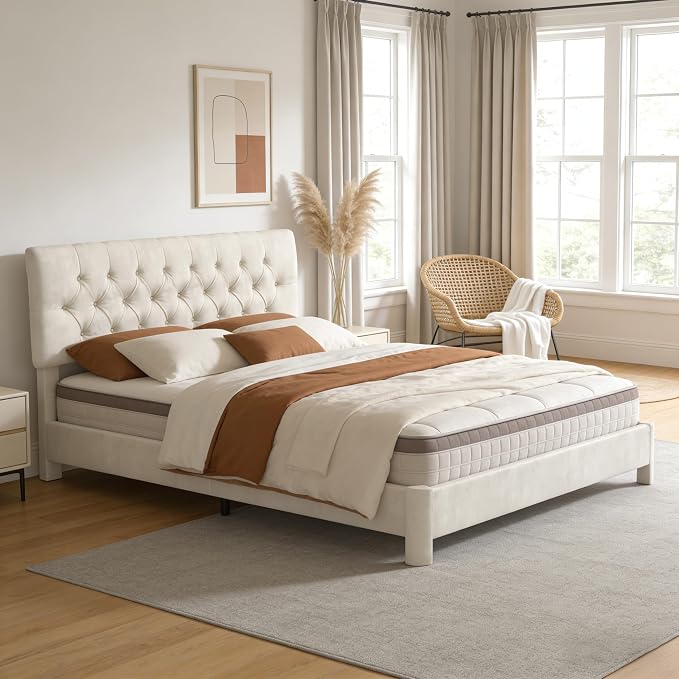 Queen Size Bed Frame with Headboard, Luxury Velvet Fabric Upholstered Bed frame with Button Tufted Design, Strong Wooden Slats Support - Low & Sturdy, Noise-Free, No Box Spring, Easy Assembly, Beige | Plush velvet