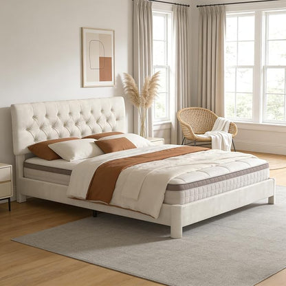 Queen Size Bed Frame with Headboard, Luxury Velvet Fabric Upholstered Bed frame with Button Tufted Design, Strong Wooden Slats Support - Low & Sturdy, Noise-Free, No Box Spring, Easy Assembly, Beige | Plush velvet