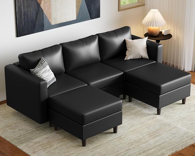 ABCASA Faux Leather U Shaped Modular Sectional Sofa 91.5", 5 Seater Couch with Movable Ottoman Deep Seat and Storage Seat with Removable Cover for Living Room, Apartment - Black