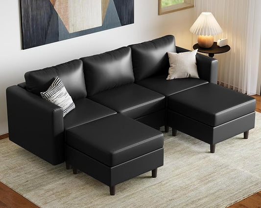 ABCASA Faux Leather U Shaped Modular Sectional Sofa 91.5", 5 Seater Couch with Movable Ottoman Deep Seat and Storage Seat with Removable Cover for Living Room, Apartment - Black