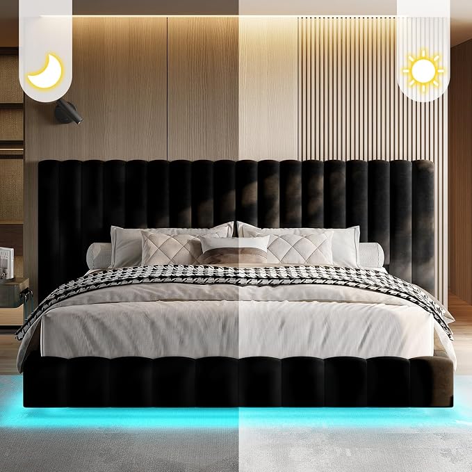 Jocisland King Size Bed Frame with 100" Wide Upholstered Headboard, Modern Velvet Floating Platform with LED Lights Underneath, No Box Spring Needed, Black