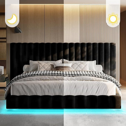 Jocisland King Size Bed Frame with 100" Wide Upholstered Headboard, Modern Velvet Floating Platform with LED Lights Underneath, No Box Spring Needed, Black