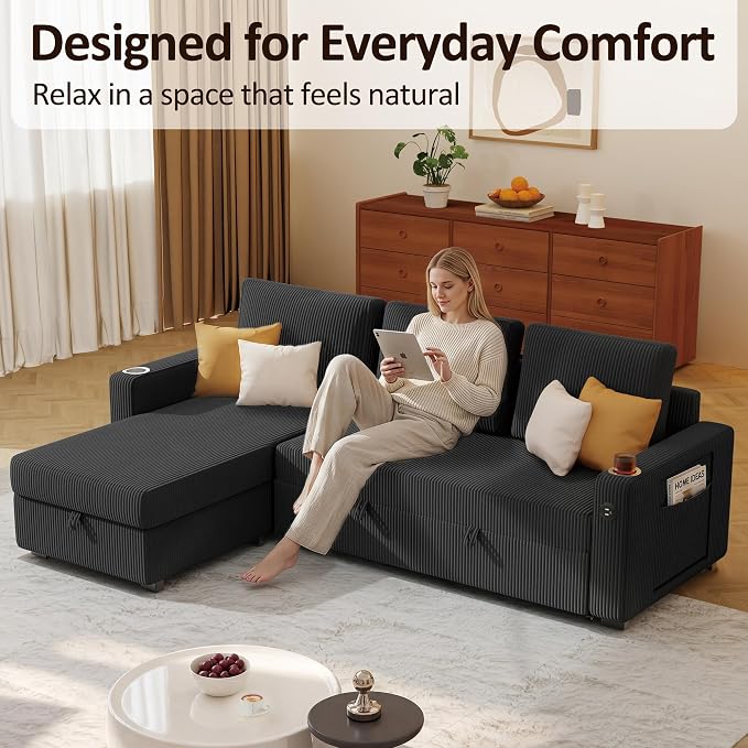Ball & Cast 80" Sectional Sleeper Sofa Bed Pull Out Couches for Living Room | L Shaped Convertible Pull Out Sofa Bed with Storage Chaise, Foldable Table, USB Port, Cup Holder, Side Pocket for Small Space