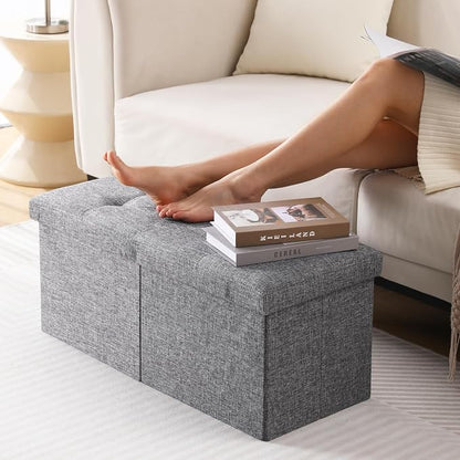 Storage Ottoman Bench Foldable Seat Footrest Shoe Bench End of Bed Storage with Flipping Lid, 75L Storage Space, 30 inches Linen Fabric Dark Grey