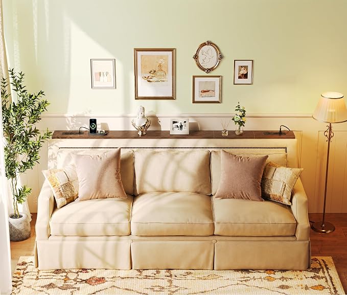 SUPERJARE 5.7 Inch Console Table with Outlet, Sofa Table, Behind Couch Table, 5.7 x 39.4 x 29.7 Inches, Metal Frame, for Living Room, Hallway, Walnut