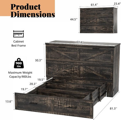 Bellemave Queen Murphy Bed, Cabinet Bed with Charging Station and Storage, Farmhouse Murphy Cabinet with Foldable Panel, Noisy Free, for Guest Bedroom, Living Room, Office, Rustic Gray