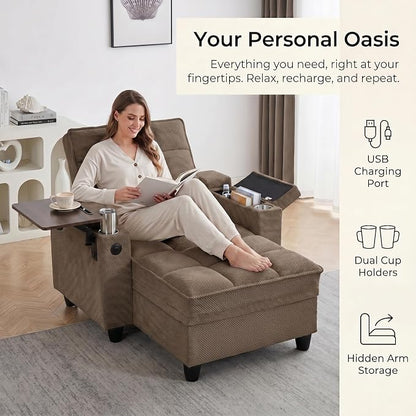 Convertible Sleeper Chair, Pull Out Sofa Bed with Adjustable Backrest & Hidden Storage Armrest, Single Sofa Recliner with USB Charging Port & Cup Holders for Living Room, Bedroom, Coffee