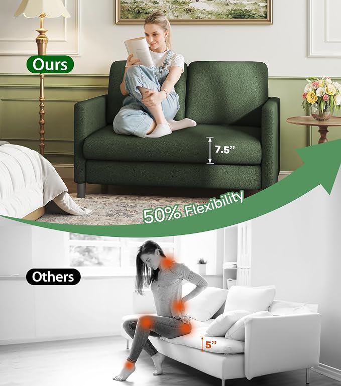 Welzona Loveseat, 51" Small Couch, Comfy Teddy Love Seat for Living Room, Tool-Free Setup Loveseat Sofa for Small Spaces, All-Wood Small Sofa Couch for Bedroom, Green
