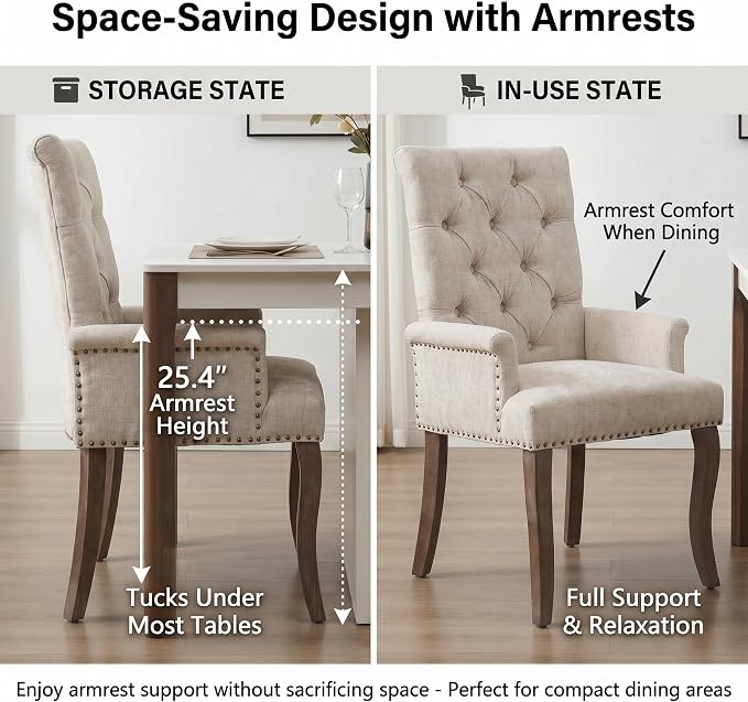 Upholstered Dining Chairs with Arms Set of 2, Greyish Beige, 2 Pack | Tufted Chenille Kitchen Chairs with Arms, Modern Farmhouse Armchair with Nailhead Trim for Dining Room, Home Office