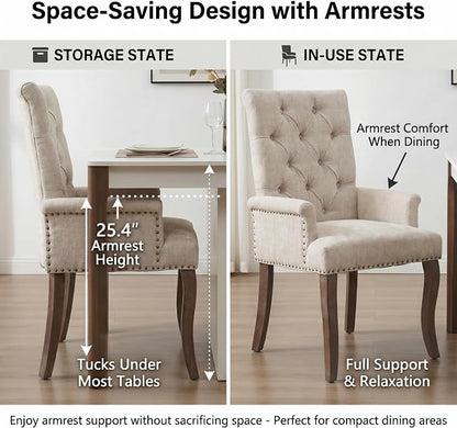 Upholstered Dining Chairs with Arms Set of 2, Greyish Beige, 2 Pack | Tufted Chenille Kitchen Chairs with Arms, Modern Farmhouse Armchair with Nailhead Trim for Dining Room, Home Office