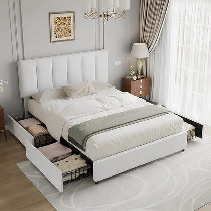 VECELO Queen Size Bed Frame with 4 Storage Drawers, Adjustable Height Headboard, Heavy-Duty Platform Bedframe with Strong Wooden Slats, No Box Spring Needed, Pure White
