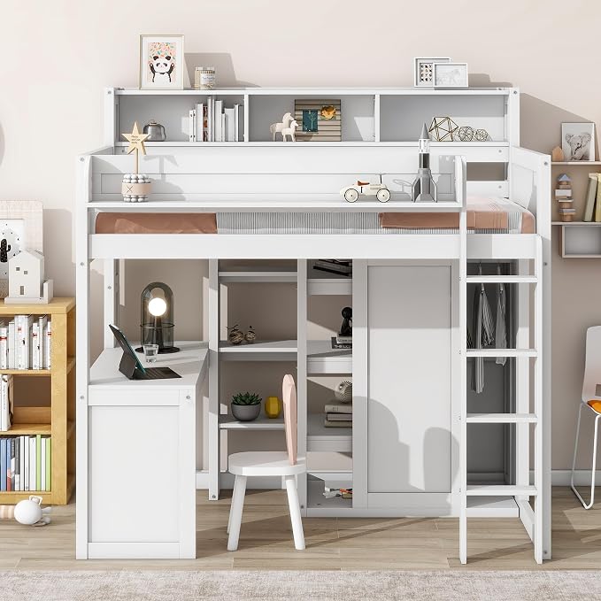Ball & Cast Twin Size Loft Bed with Big Storage Under-Bed Desk & Staircase,Wooden Bedframe W/Integrated Wardrobe,Drawers & Shelves,Space-Saving,Modern Furniture for Boy Girl Teens Small Bedroom,Gray