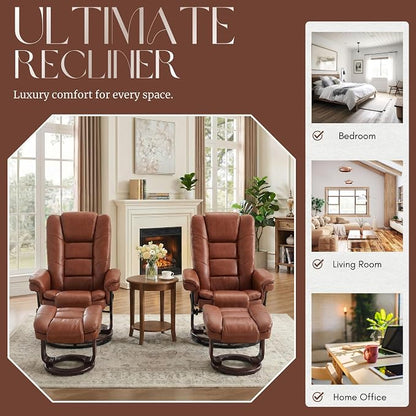 Swivel Recliner Chair with Ottoman Reclining Lounge Sofa Footrest, Set of 2 | 360°Sturdy Wood Base, Soft PU Leather, Upholstered Ultra-Plush Foam, Modern Armchair, Living Room Bedroom Office Reading Home