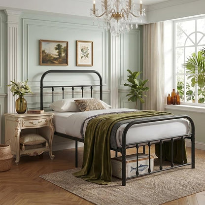 VECELO Black Metal Bed Frame Twin Size with Vintage Headboard and Footboard, No Box Spring Needed, Premium Stable Steel Slat Support Mattress Foundation