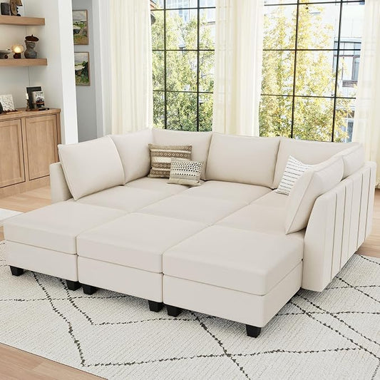 Belffin Modular Sectional Sofa Bed with Storage, 9-Seater Velvet Reversible Sleeper Couch for Living Room, Beige