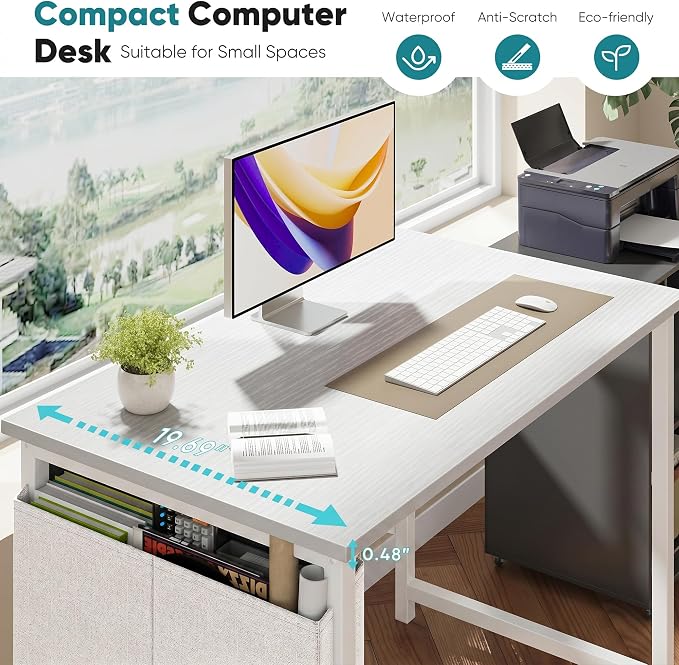 OLIXIS Small Computer Desk, 40 Inch Home Office Desks, Writing Study Craft Work Gaming Table, Computer Workstation for Bedroom Small Spaces with Storage Bag, All White