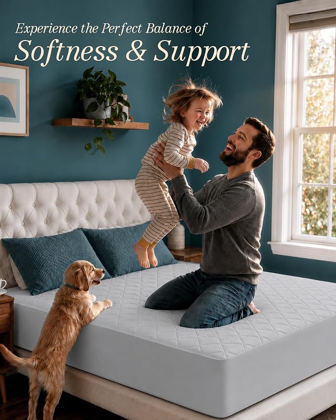 Quilted Fitted Mattress Pad, Queen Mattress Protector Topper with Deep Pocket Stretches up to 16 Inches, Machine Washable Mattress Cover by Utopia Bedding (Light Grey)