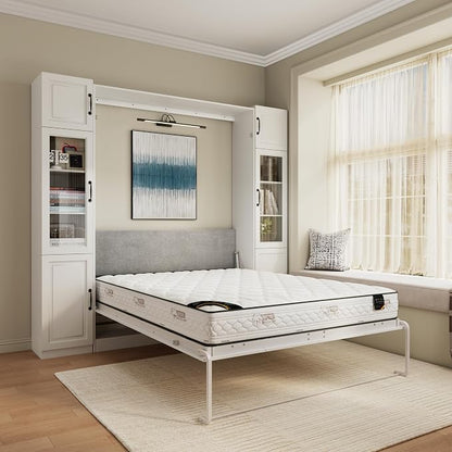 Bobve Farmhouse Murphy Bed Queen,85" Wall Bed Folds to Save Space,Concealed Bed Frame with 2 Glass Storage Cabinets(Small) and Wall Mounted Features for Apartment/Office/Guest Room