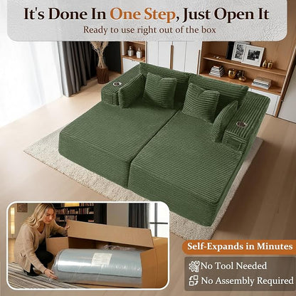 72" Cloud Sectional Couch, Comfort Sleep Sofa for Living Room, Extra Deep Seats No Assembly, Minimalist Modular Couch, Corduroy (Olive Green, Loveseat Chaise)