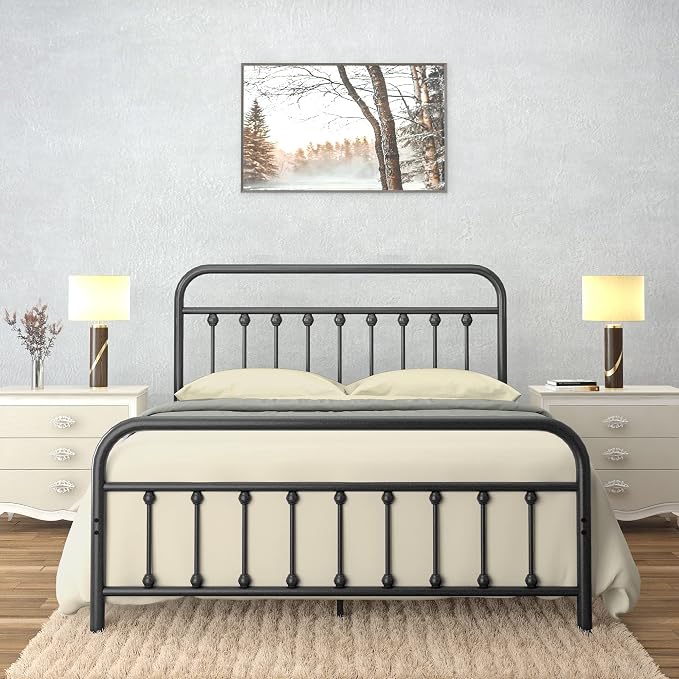 AMBEE21 Golden Gate Beds Vintage Style Metal Bed Frame with Wrought Iron Headboard and Footboard, Classic Platform Bedframe with Storage, No Box Spring Needed, Mattress Foundation, Black, Full Size