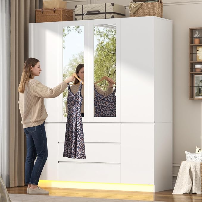 4 Doors Armoire Wooden Wardrobe Closet with 3 Drawers & 2 Mirror, 75"H Clothing Storage Cabinet with Hanging Rod,Modern Bedroom Large Freestanding Armoires with Led Lights for Bedroom, White