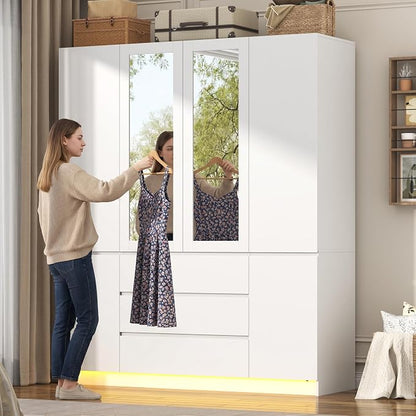 4 Doors Armoire Wooden Wardrobe Closet with 3 Drawers & 2 Mirror, 75"H Clothing Storage Cabinet with Hanging Rod,Modern Bedroom Large Freestanding Armoires with Led Lights for Bedroom, White