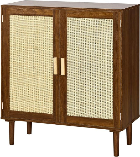 VEVOR Rattan Cabinet, Rattan Storage Cabinet with 2 Magnetic Doors and Adjustable Shelves, Accent Sideboard Buffet with Wooden Legs & Power Cord Hole for Hallway, Entryway, Living Room, Kitchen, Brown