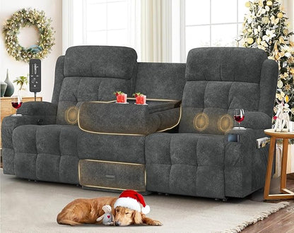 Loveseat Recliner, 3 Seater Massage Reclining Sofa Sets Fabric Recliner Sofa, RV Loveseat Couch Clearance with Drop Down Table, Storage, Cup Holders, Wall Hugger Reclining Couch for Living Room