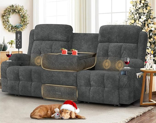 Loveseat Recliner, 3 Seater Massage Reclining Sofa Sets Fabric Recliner Sofa, RV Loveseat Couch Clearance with Drop Down Table, Storage, Cup Holders, Wall Hugger Reclining Couch for Living Room